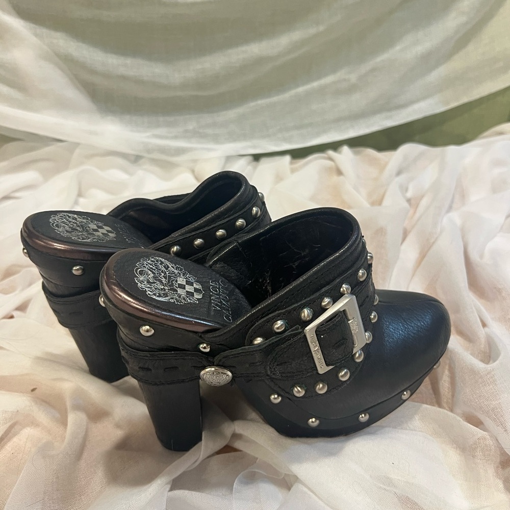 Vince Camuto Studded Black Leather Clog Mules with Buckle